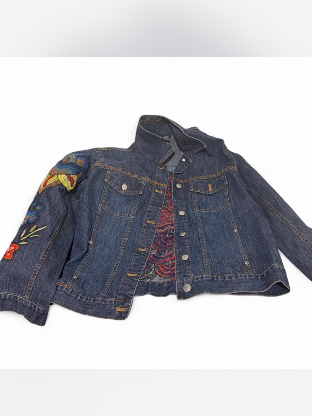 Chico's Dark Blue Denim Jacket with Gold Stitching